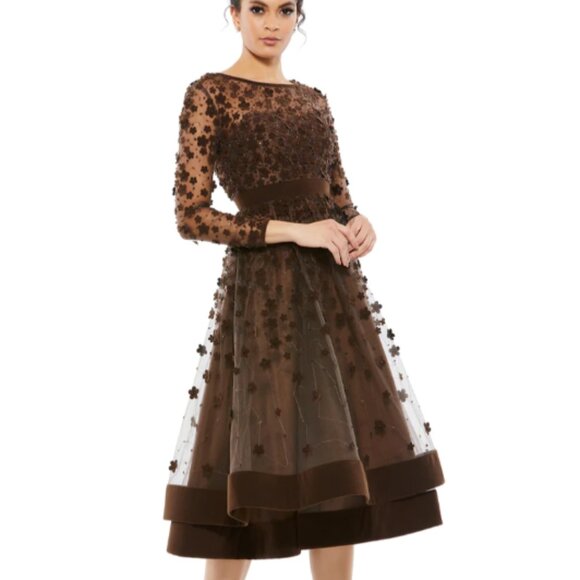MAC DUGGAL 67007 EMBELLISHED ILLUSIONS HIGH NECK LONG SLEEVE COFFEE DRESS sz  16 - Picture 1 of 4